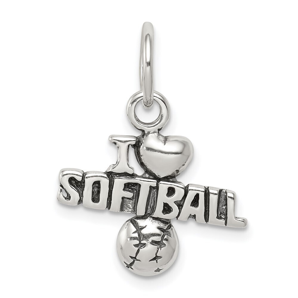Kazi Luxury Sterling Silver Antique I (heart) Softball Charm